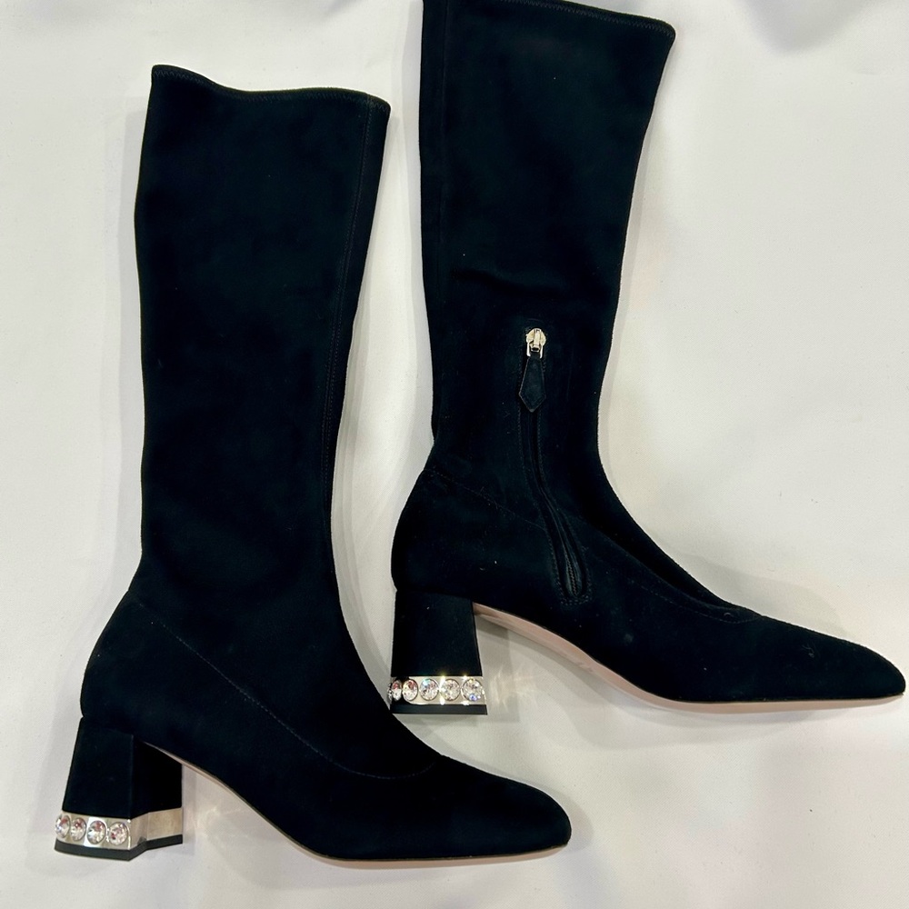 Miu Miu Black Knee-High Suede Boots with Crystal-Trim Block Heel